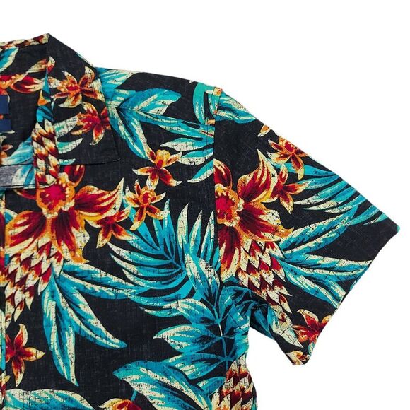 George Button Up Slim Fit Shirt Youth XS Black Green Tropical Print Short Sleeve - Picture 3 of 8
